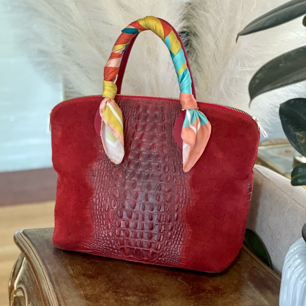Vera Pelle Italian Suede Leather Croco Satchel Handbag Purse Medium Size